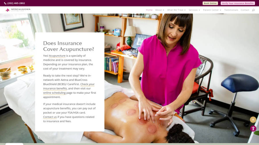 Desktop screenshot of Nicole McLaughlin Acupuncture - home page - Does Insurance Cover Acupuncture section