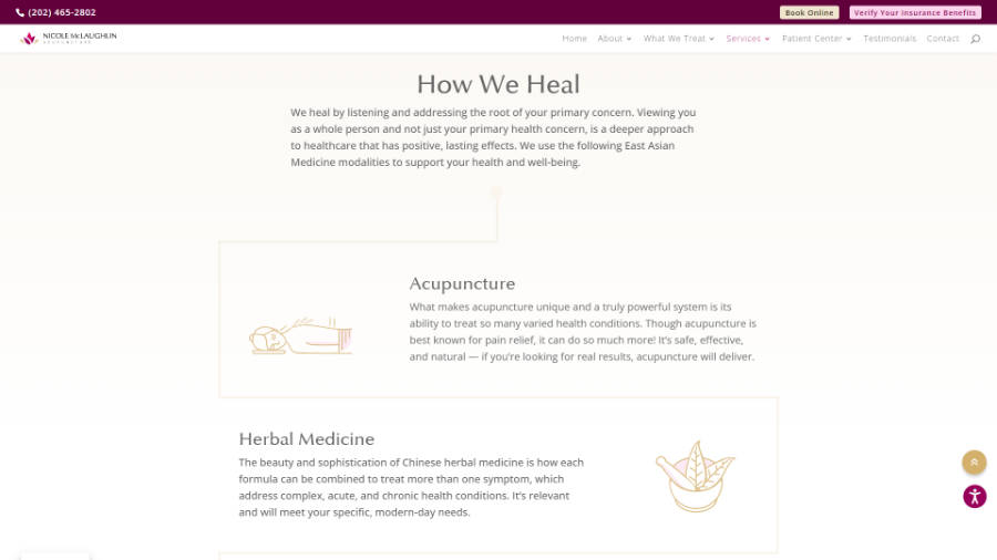 Desktop screenshot of Nicole McLaughlin Acupuncture - Services page - How We Heal section