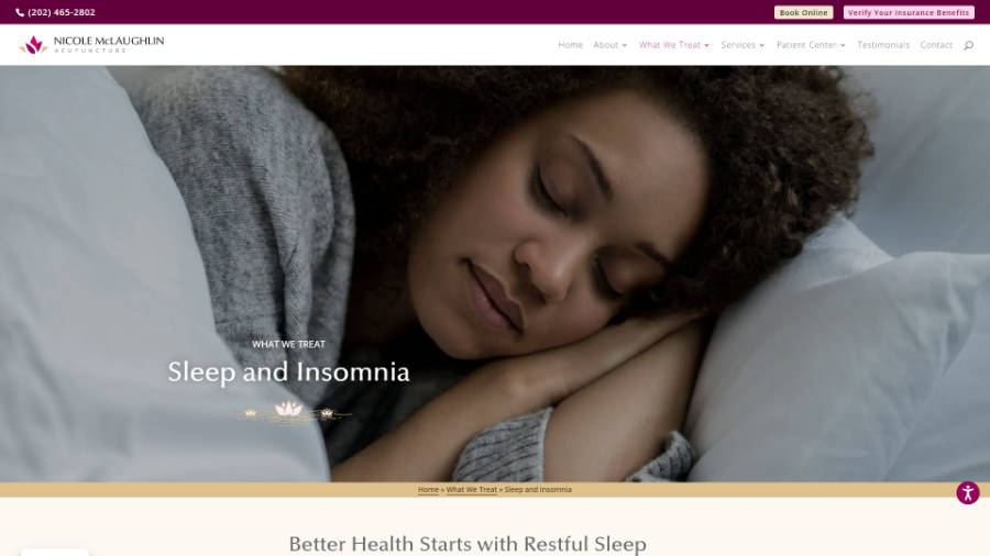 Desktop screenshot of Nicole McLaughlin Acupuncture - Sleep and Insomnia page - splash header