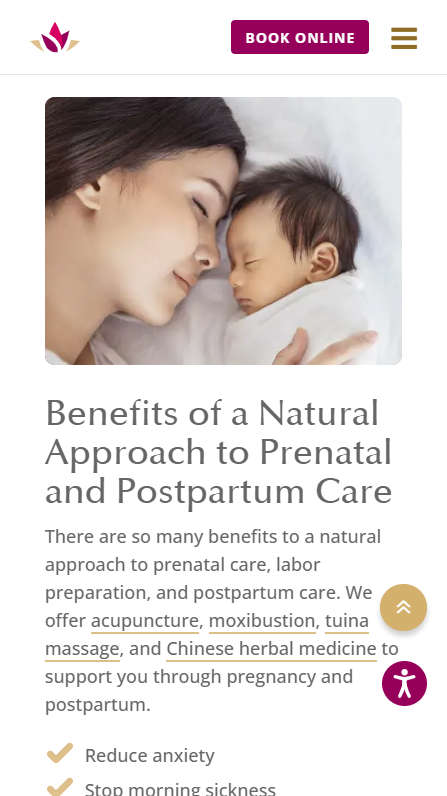 Mobile screenshot of Nicole McLaughlin Acupuncture - Prenatal Care page - Benefits section