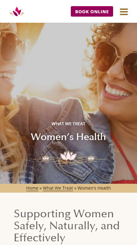 Mobile screenshot of Nicole McLaughlin Acupuncture - Women's Health page - splash header