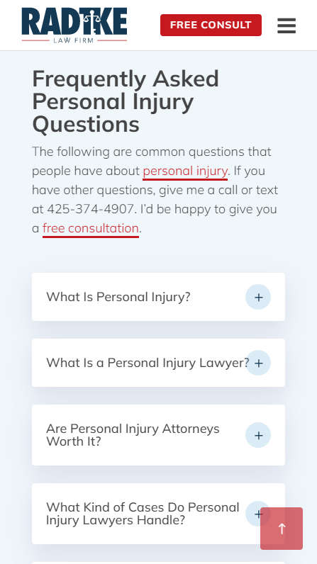 Radtke Law Frim mobile screenshot of the FAQs section
