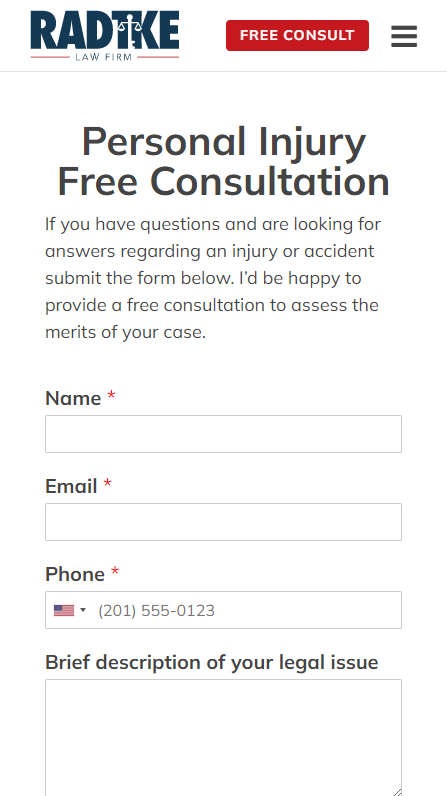 Radtke Law Frim mobile screenshot of the Free Consultation form page