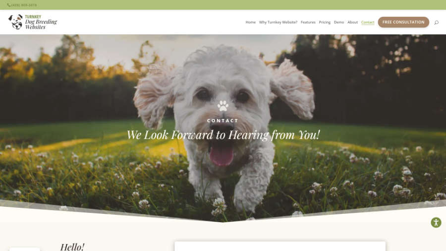 Desktop screenshot of Trunkey Dog Breeding Websites' contact page splash header