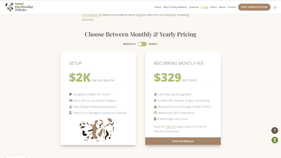 Desktop screenshot of Trunkey Dog Breeding Websites' Pricing page - Price List