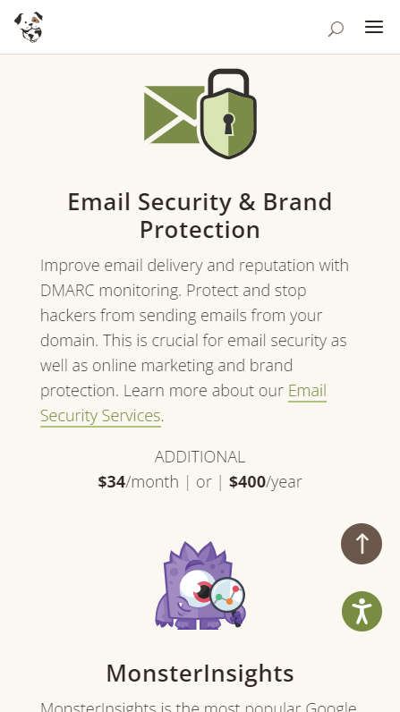 Mobile screenshot of Trunkey Dog Breeding Websites' Pricing page - Email Security